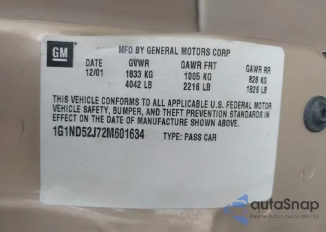 2002 Chevrolet Malibu z USA, uszkodzony, nr VIN 1G1ND52J72M601634